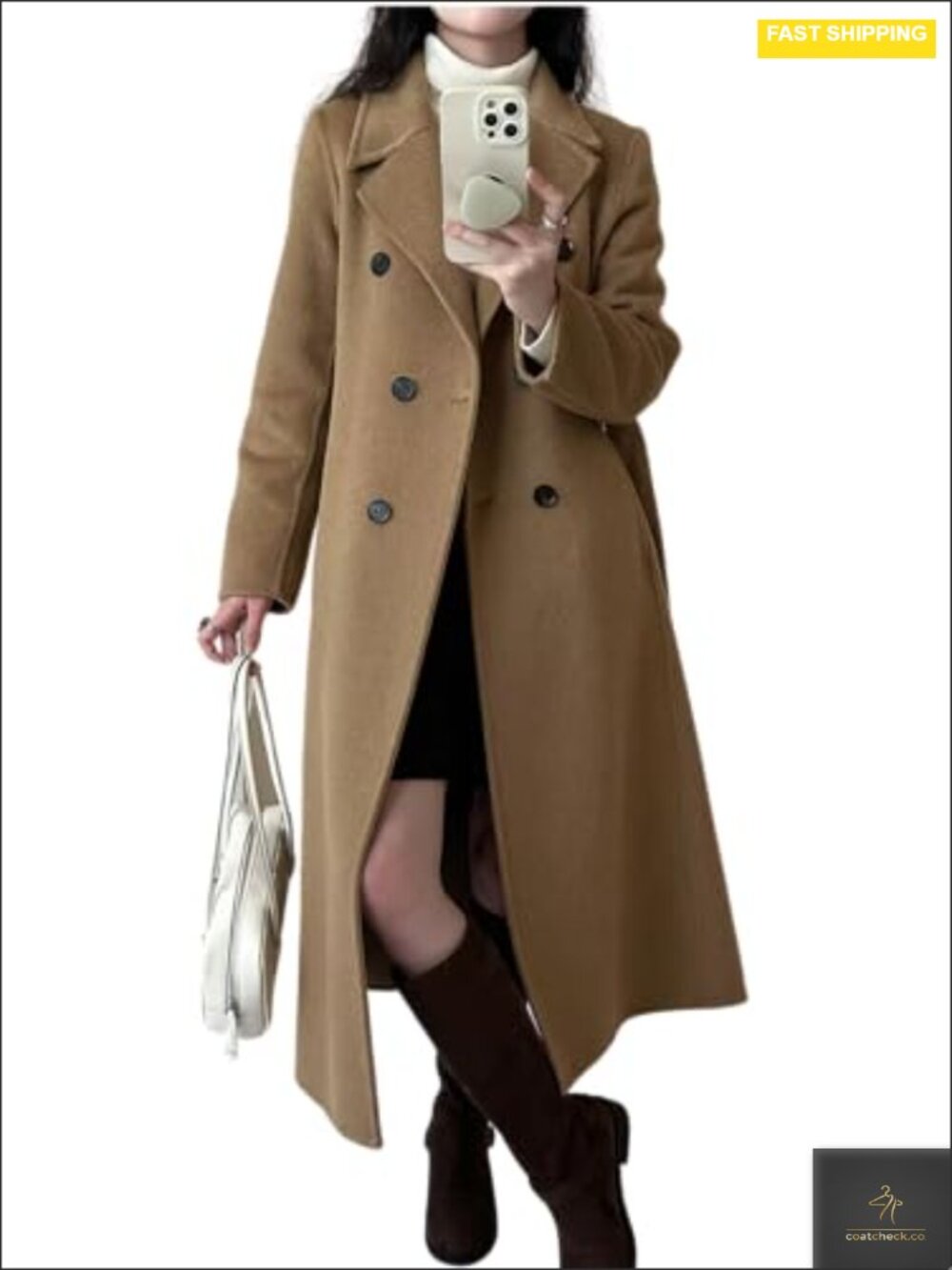 Women's Double Breasted Wool Blend Pea Coat with Belt Long Sleeve